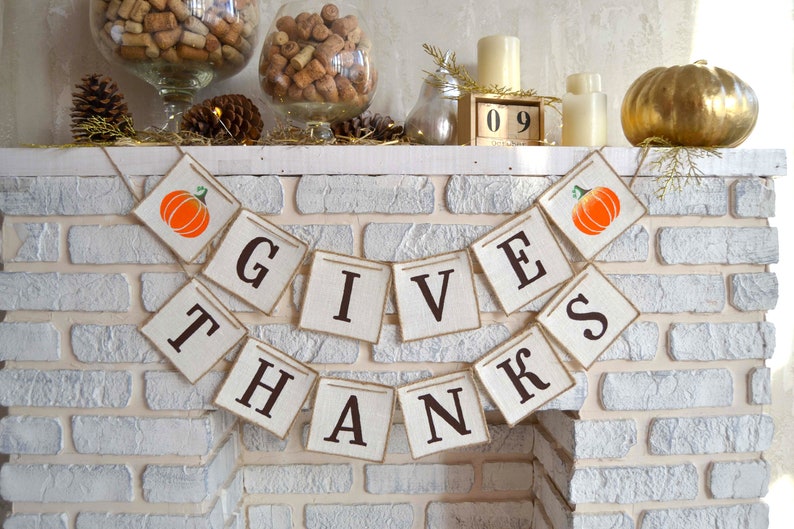 Give Thanks banner with painted pumpkin, Thanksgiving decoration garland, Give Thanks bunting banner, Give Thanks fall banner, Burlap banner