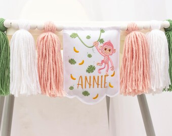 Pink Monkey High Chair Banner, Safari Wild One Birthday Garland, Embroidered Name Banner, 1st Birthday Girl Decor