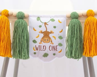 Wild One Monkey High Chair Banner, Jungle Themed for Girl First Birthday, Safari 1st Birthday Decor, Highchair Garland, Animal Party Banner
