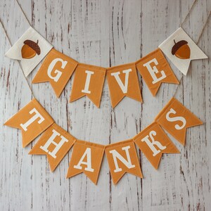 Give Thanks Banner – Orange & White Cotton Fall Garland with Acorns – Thanksgiving Decor – Movable Flags – Personalized Autumn Sign