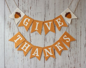 Give Thanks Thanksgiving Banner, Orange and White Fall Garland with Acorns, Cotton Autumn Decor for Mantel or Porch, Handmade Fall Sign