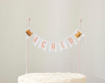 Personalized Cat Birthday Name Cake Topper with Embroidered Cats, One Cake Topper for 1st Birthday & Cake Smash Decor