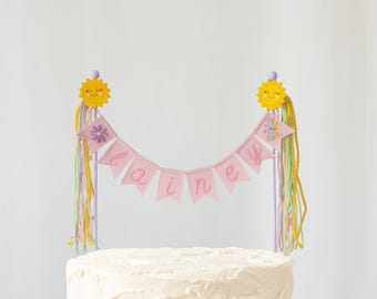 Personalized Name Cake Topper Embroidered, Little Sunshine Girl 1st Birthday Cake Banner, Custom Pink Cotton Party Decor, First Birthday