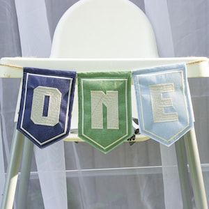Embroidered ONE High Chair Banner – Personalized 1st Birthday Garland – One Year Old Baby Boy Banner – Cotton First Birthday Decor