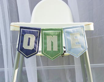 Embroidered ONE highchair banner, one year old personalized decor, 1st birthday boy sports banner