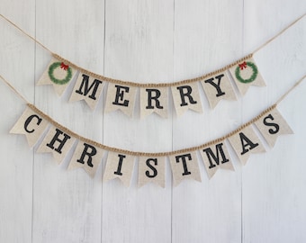 Merry Christmas Burlap Banner with Wreath Flags – Beige Rustic Christmas Garland for Mantel or Fireplace | Personalized Holiday Banner
