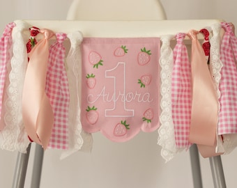 Berry 1e verjaardagsbanner voor kinderstoel, aardbeienkrans met strik, gepersonaliseerde naam, geborduurde decoratie voor cake smash