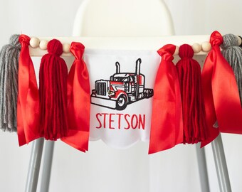Big Rig Semi Truck High Chair Banner with Personalized Embroidered Name, American Truck 1st Birthday Decor