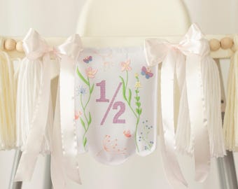 Embroidered Flowers High Chair Banner, Wildflower Birthday Decor, Half Birthday Baby Banner, Cake Smash Tassel Garland with Bows