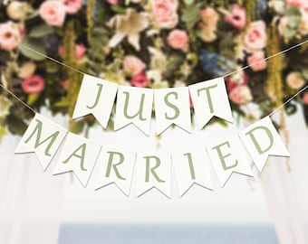 Just Married Bunting Vintage Green, Just Married Sign for Car, Wedding Backdrop Decorations, Wedding Banner Bunting, Just Married Garland