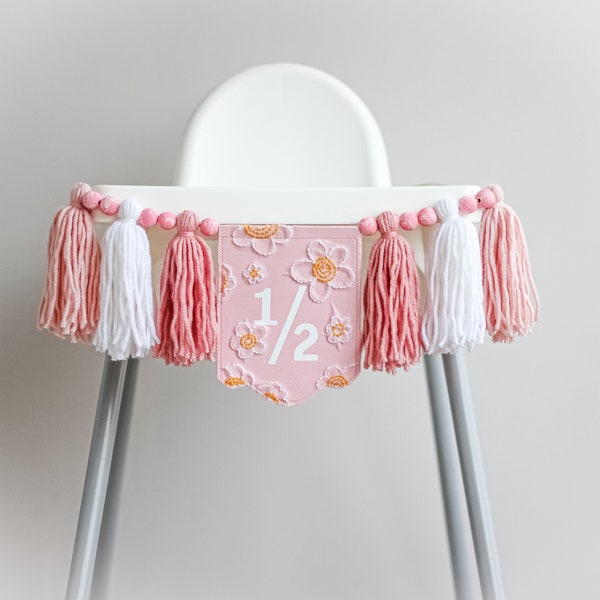 Halfway to One Daisy High Chair Banner - Pink Pastel Birthday Party Decorations - Daisy Cake Topper with Name
