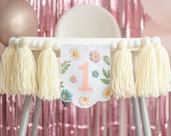 High Chair Banner with Wildflower Embroidery Design - 1st Birthday Girl Highchair Garland with Ivory Tassels - Custom First Birthday Garland