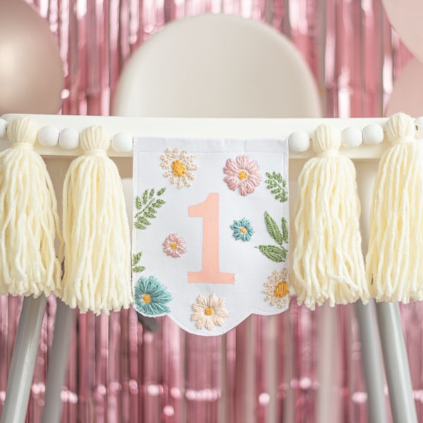 High Chair Banner with Wildflower Embroidery Design - 1st Birthday Girl Highchair Garland with Ivory Tassels - Custom First Birthday Garland