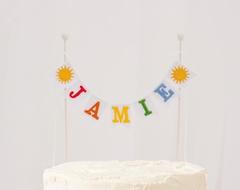 Rainbow Embroidered Cake Topper with Name – Personalized Sun Topper – First Birthday Girl / Boy – Baby Shower Decor