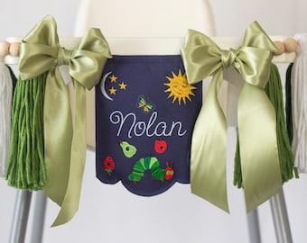 Hungry Caterpillar Embroidered High Chair Banner with Personalized Name and Bow, Baby Birthday Decor & Nursery Garland