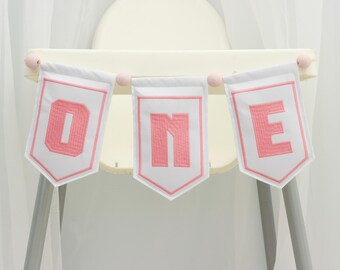 Pink One High Chair Banner for Baby Girl First Birthday – Embroidered 1st Birthday Garland, Personalized Cake Smash Decor