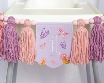 Butterfly Mushroom 1st Birthday Banner: Fairy High Chair Garland