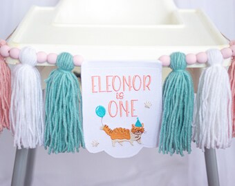 Custom Cat Birthday Banner | Embroidered Cat High Chair Garland | Shades of Pink Personalized Name Banner for 1st Birthday Girl