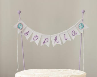 Sea Princess Themed Embroidered Name Cake Topper, Personalized Seashell Cake Topper for 1st Birthday Cake Smash