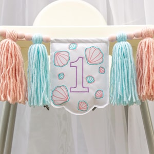 Mermaid High Chair Banner: Pink 1st Birthday Embroidery