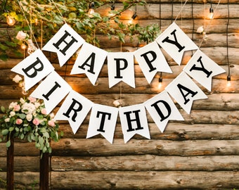 Happy Birthday Custom Name Banner – White Cotton Fabric Banner With Black Letters – Personalized Birthday Bunting & Party Garland