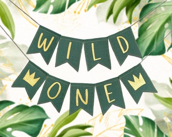 Linen Wild One Banner, First Birthday Banner, Wild One Birthday Bunting, High Chair Banner With Gold Letters, Jungle Party One Banner