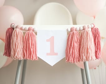 Sweet One High Chair Banner: Blush Pink Yarn Tassel Garland for 1st Birthday