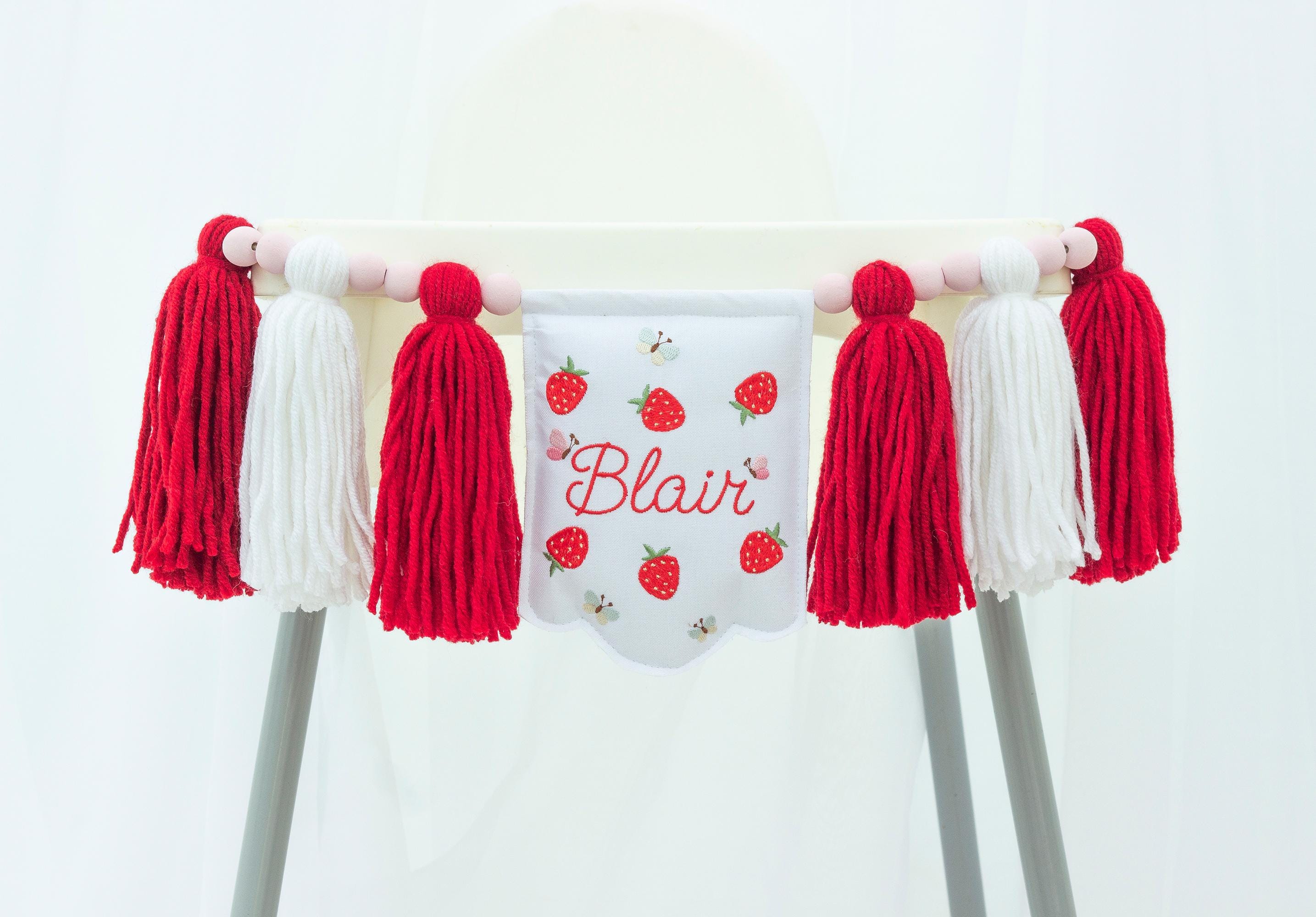 Berry First Birthday High Chair Banner: Embroidered Name, Tassel Garland