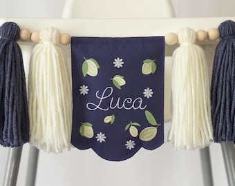 Embroidered La Dolce Vita Lemon Themed High Chair Banner with Personalized Name for 2nd Birthday Celebration