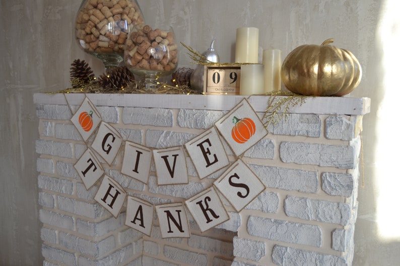 Give Thanks banner with painted pumpkin, Thanksgiving decoration garland, Give Thanks bunting banner, Give Thanks fall banner, Burlap banner image 7