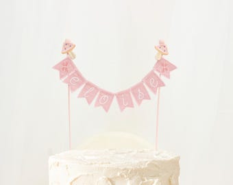 Personalized Embroidered Mushroom Cake Topper: 1st Birthday Girl Name Topper