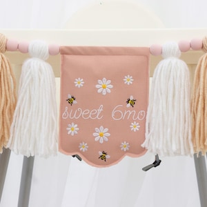 Half Way to One Banner – Daisy High Chair Banner, Yarn Tassel Garland, Embroidery Birthday Decor, Pastel Pink Half Birthday Garland