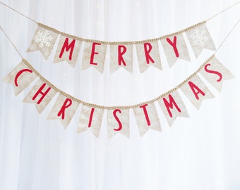 Frohe Weihnachten Wimpelkette, Handgemalte Weihnachtsgirlande, Weihnachten Kaminsims Banner Stoff, Bauernhaus Weihnachtsdekoration, Happy Xmas Banner