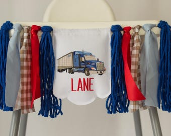 Banner met afbeelding van een vrachtwagen voor de kinderstoel, verjaardagsfeest met vrachtwagenthema, gepersonaliseerde naambanner, babynaam, babykamerbanner, eerste verjaardag jongen