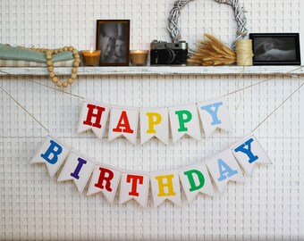 Rainbow Happy Birthday Banner, Colorful Fabric Garland, Personalized Name Banner, Cotton Birthday Bunting, Rainbow Party Decor