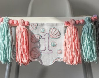 Sweet One Mermaid High chair Banner - Pink Birthday Theme - 1st Birthday Girl's Decorations - Embroidery Banner