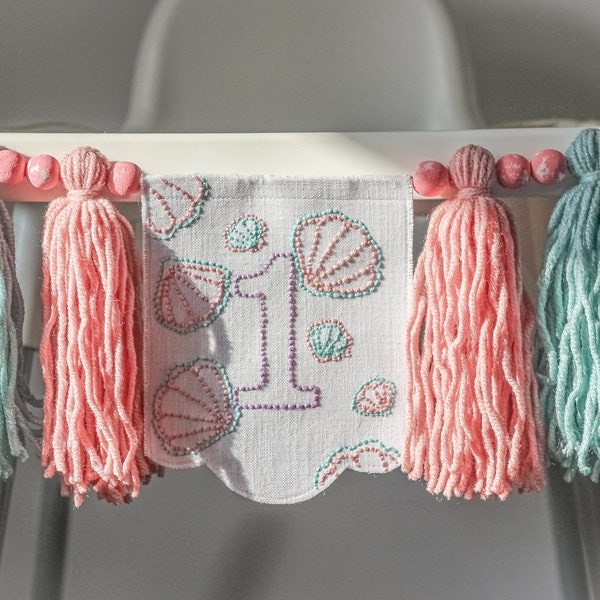 Sweet One Mermaid High chair Banner - Pink Birthday Theme - 1st Birthday Girl's Decorations - Embroidery Banner