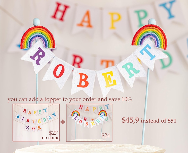 May include: A cake topper with a rainbow and the name "ROBERT" spelled out on a banner. The topper is on a white cake. The image also shows two other cake toppers, one with a rainbow and the text "HAPPY BIRTHDAY ZOE" and another with a rainbow and the text "HAPPY ROBERT".