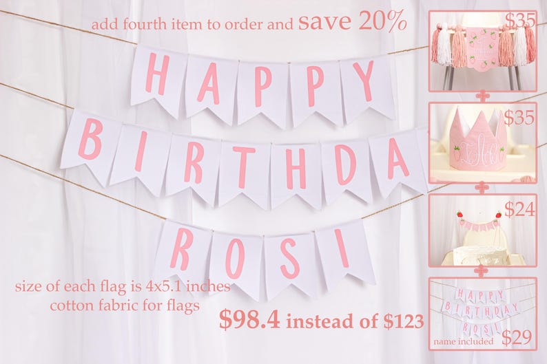 Embroidered name cake topper on pink cotton flags with strawberries on each end. Personalized topper for berry first birthday celebration.