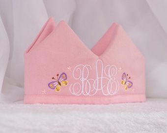 妖精の蝶の刺繍入りピンクの王冠、名前入り、ベビー妖精の王冠、女の子の王冠、1歳用装飾