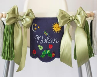Hungry Caterpillar High Chair Banner with Personalized Embroidered Name, Halfway to One Garland, Cake Smash Decor