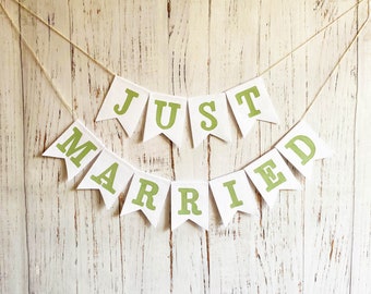 Just married wedding decorations Just married banner wedding backdrop Linen bachelorette party Vintage wedding signs Rustic wedding bunting