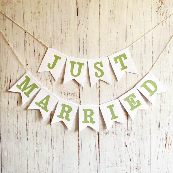 Just married wedding decorations Just married banner wedding backdrop Linen bachelorette party Vintage wedding signs Rustic wedding bunting