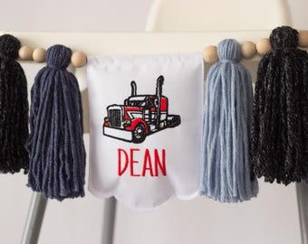 Big Rig High Chair Banner with Personalized Name for Half Birthday, Semi Truck Birthday Decor, American Truck Cake Smash Garland