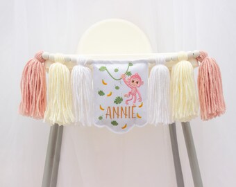 Embroidered Monkey High Chair Banner, Baby Name Garland, Pink Animal Birthday Decor, 1st Birthday Girl, Cake Smash