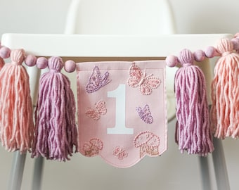 Fairy Mushroom High Chair Banner - Embroidery Butterfly Fairy Theme Decorations - Yarn Tassel Garland Highchair Banner 1st Birthday Girl's