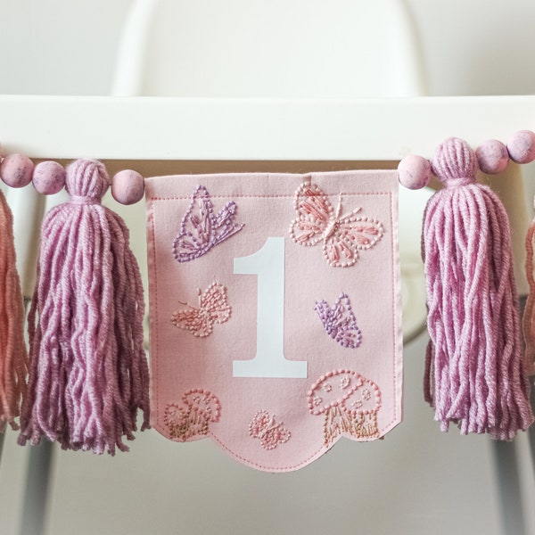Fairy Mushroom High Chair Banner - Embroidery Butterfly Fairy Theme Decorations - Yarn Tassel Garland Highchair Banner 1st Birthday Girl's