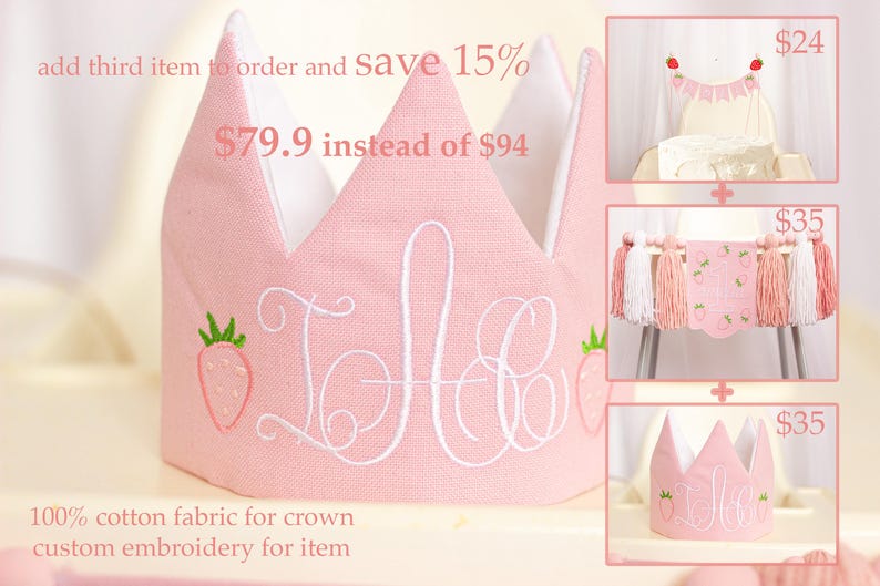 Embroidered name cake topper on pink cotton flags with strawberries on each end. Personalized topper for berry first birthday celebration.