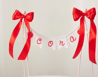 Berry 1st Birthday Embroidered Cake Topper, Personalized Strawberry Name Cake Topper for Berry First Birthday Cake Smash
