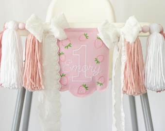 Berry First Birthday High Chair Banner with Large Cotton Bow, Personalized Name Banner with Embroidered Strawberries for Sweet One Party